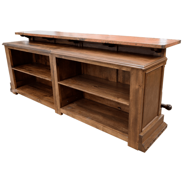 Rear angled view of wood bar with shelves and lower countertop