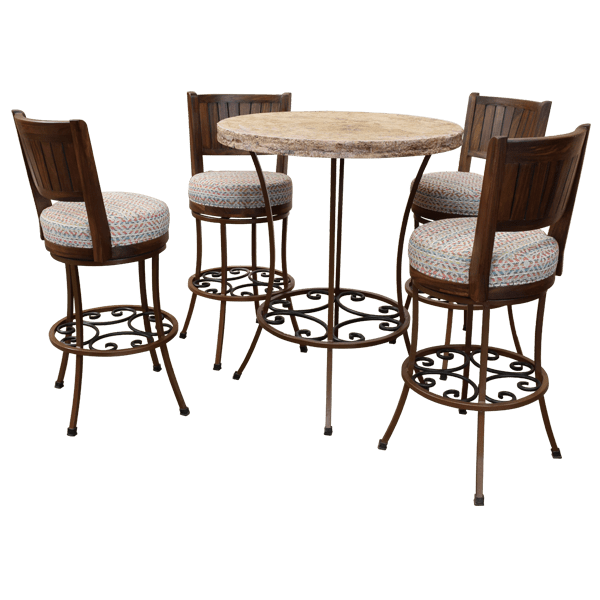 Travertine bar set with four matching stools and hand-forged metal base