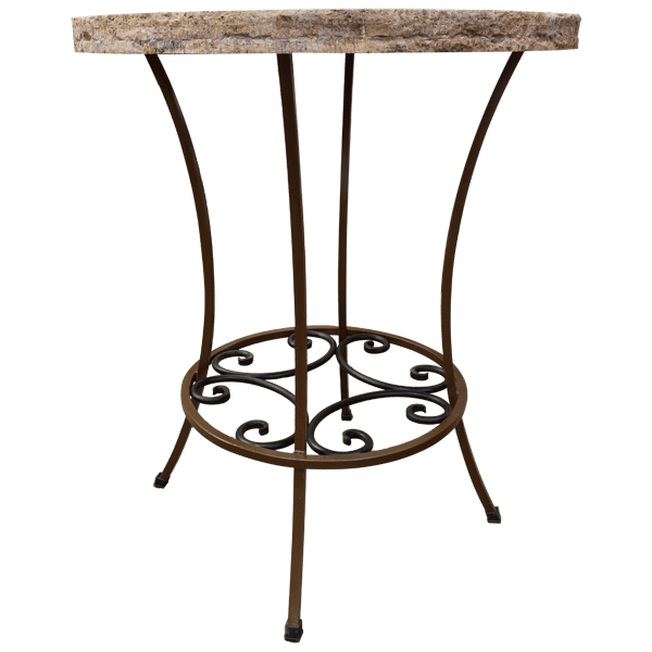 Front view of travertine bar with hand-forged metal base
