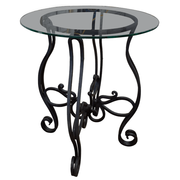 Elevated front view of bar table showing glass surface and ironwork details