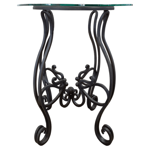 Front view of glass-top bar table with hand-forged iron base