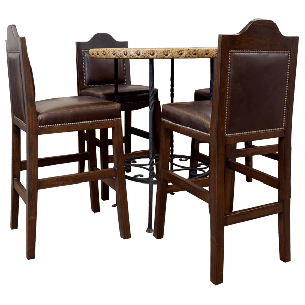 Bar table set with four matching stools featuring copper top and leather trim