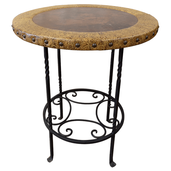 Elevated front view showing copper top and decorative leather trim with iron conchos