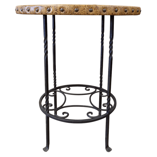 Front view of copper and leather bar table with hand-forged iron conchos