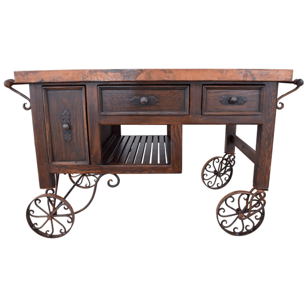 Front view of mobile kitchen island with copper top, three drawers, and forged iron casters