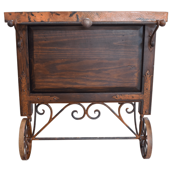 Side view of kitchen island showing wood craftsmanship and decorative forged ironwork