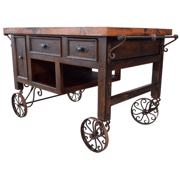 Three-quarter angle of copper kitchen island showing drawer layout and side handles