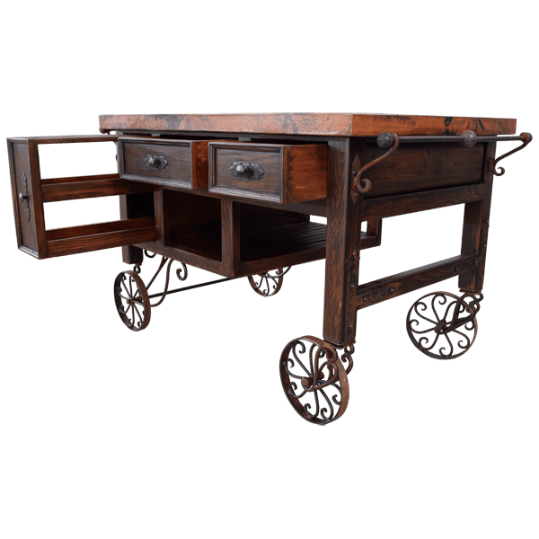 Copper kitchen island with drawers open showing spice drawer and storage compartments