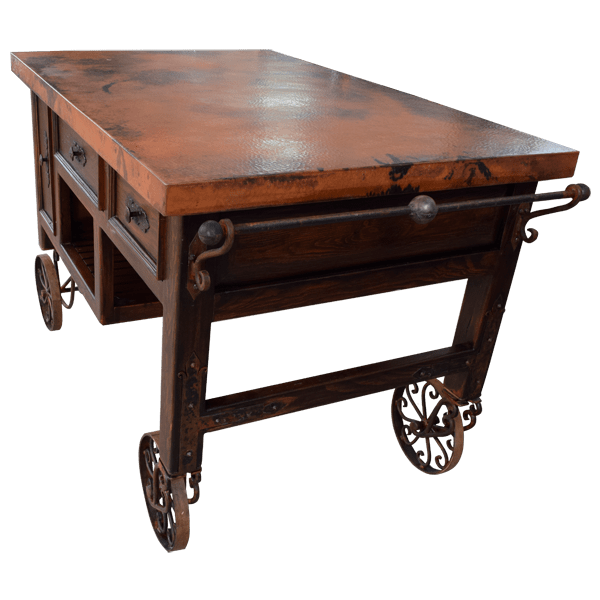 Elevated view of kitchen island showing hand hammered copper countertop