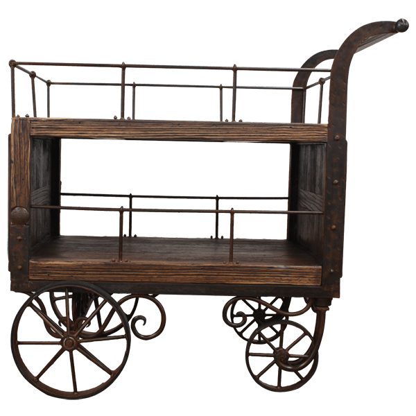 Side view of timber serving cart with open top and bottom storage, forged iron frame and wheels
