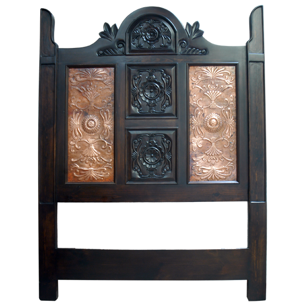 Front view of Spanish colonial headboard with carved wood and copper panels