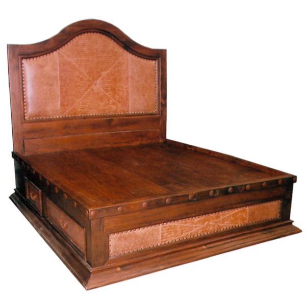 Semi-front view of Spanish colonial bed with leather upholstery and iron drawer handles