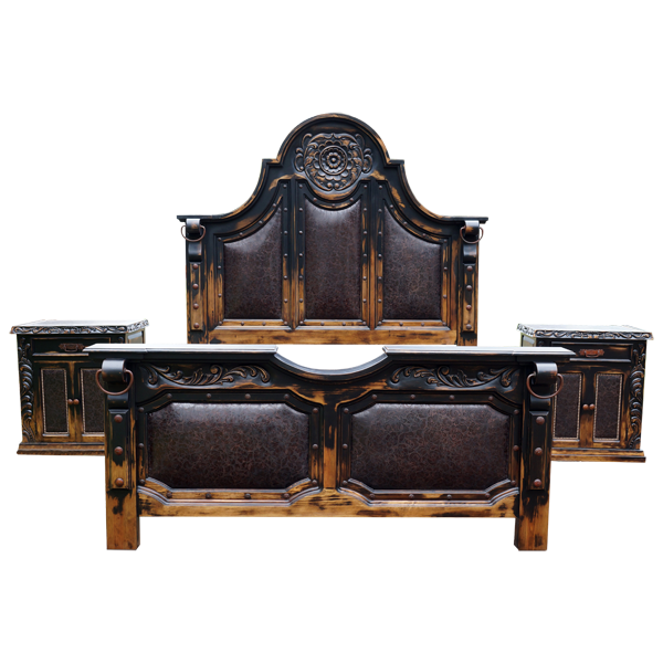 Front view of Ole Flor bed with matching Cardenal end tables, carved wood and leather panels