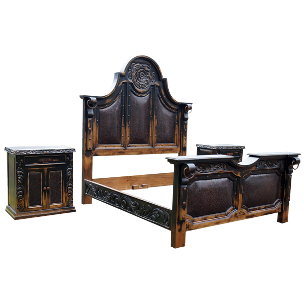 Semi-front view of Ole Flor bed with Cardenal end tables and scroll iron details