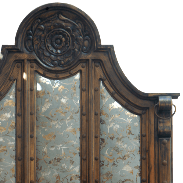 Detail of headboard carving with turquoise leather and silver-gold pattern