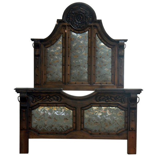 Front view of Western-style bed with turquoise leather panels and hand-carved scrollwork