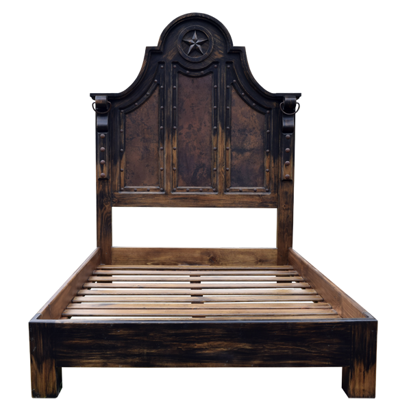 Elevated front view of Western-style bed with copper panels and carved Texas Lone Star