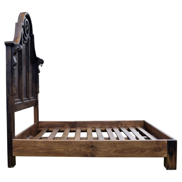 Side view of Western-style bed with solid wood base and copper headboard