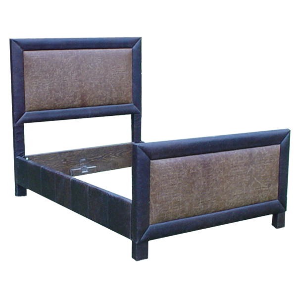 Semi-front view of Western-style bed with dark and light leather panels on wood frame