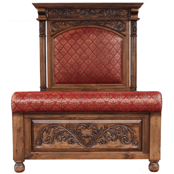 Front view of Spanish colonial bed with red and gold leather and hand-carved floral details