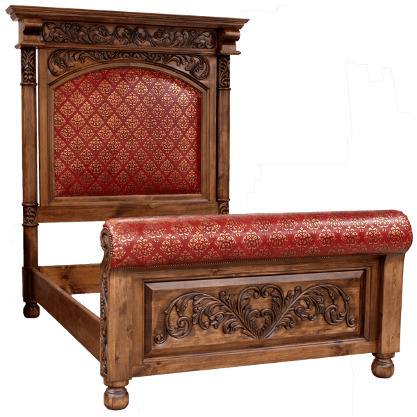 Semi-front view of Spanish colonial bed with arched red and gold leather and carved wood accents