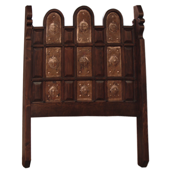 Front view of Spanish colonial headboard with arched hammered copper panels and carved scroll uprights