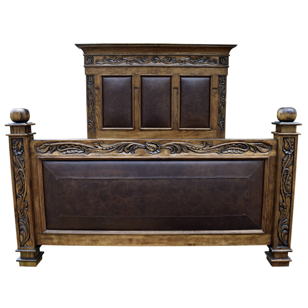 Front view of Spanish colonial bed with brown leather panels and carved floral headboard
