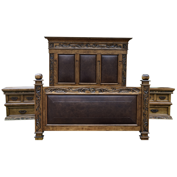 Front view of Spanish colonial bed with brown leather panels and matching carved nightstands