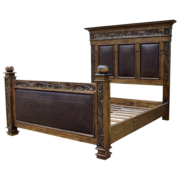 Semi-front view of Spanish colonial bed with brown leather footboard and carved wood details