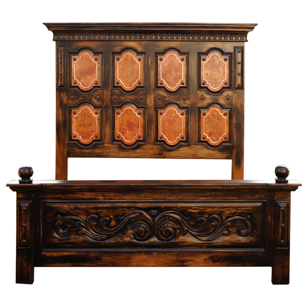 Front view of Spanish colonial bed with eight hammered copper panels and geometric tooling