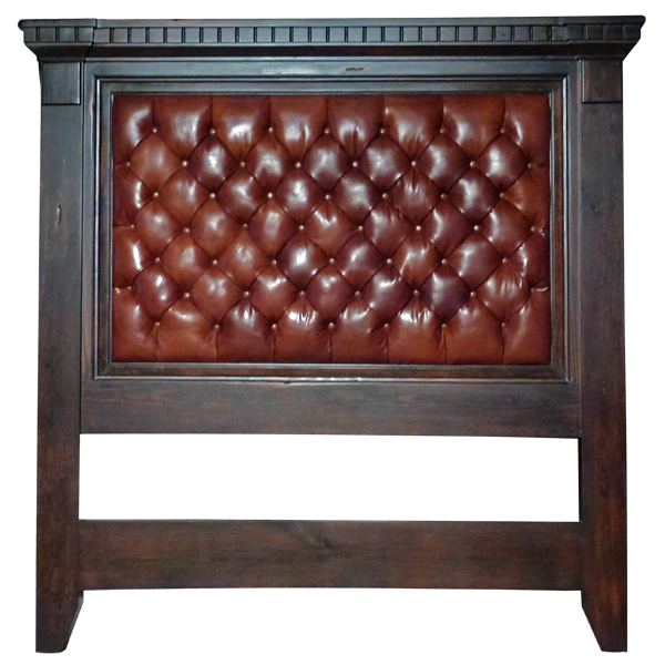 Front view of Spanish colonial headboard with earth-tone tufted leather and vertical molding