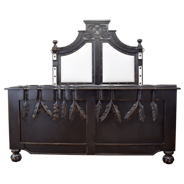 Front view of Western-style bed with white leather panels, tribal carving, and iron accents