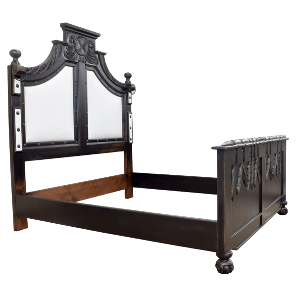 Semi-front view of Western-style bed with carved footboard and white leather panels