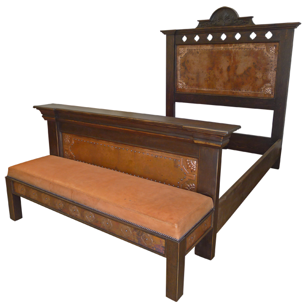 Semi-front view of Spanish colonial bed with copper details and leather bench