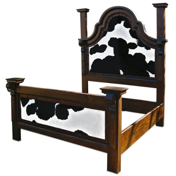 Semi-front view of Western-style bed with hair-on-hide cowhide and forged iron trim
