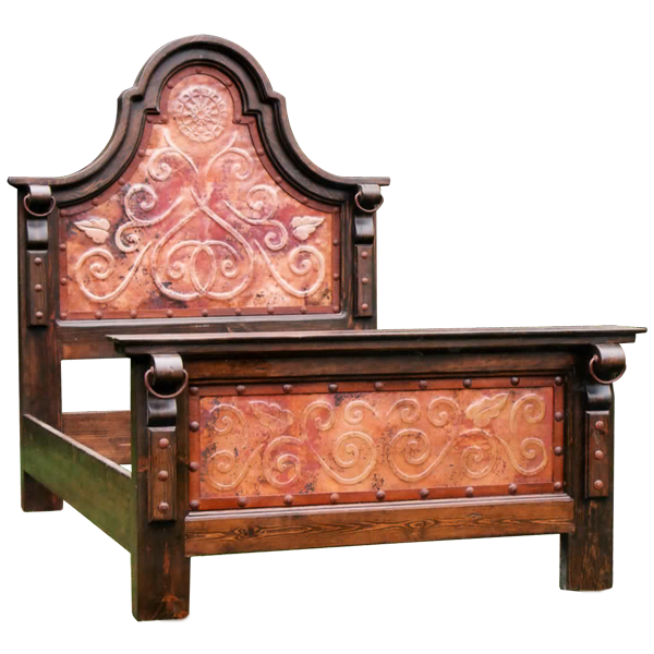 Semi-front view of Spanish colonial bed with copper panels and forged iron details