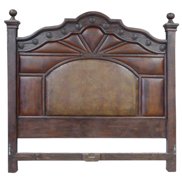 Front view of Spanish colonial headboard with geometric leather panels and forged iron conchos