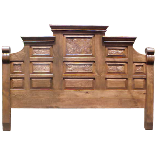 Front view of Spanish colonial headboard with hammered copper panels and staggered crown molding