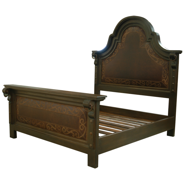 Semi-front view of Western-style bed with leather upholstery and iron conchos