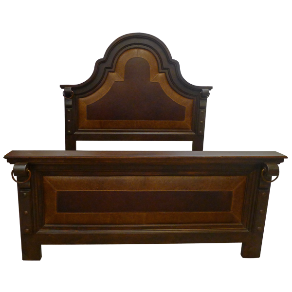 Front view of Western-style bed with two-tone leather upholstery and forged iron conchos