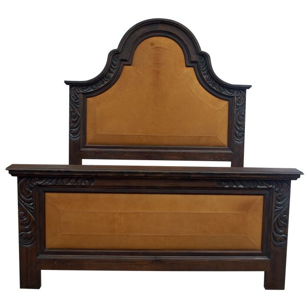 Front view of Western-style bed with antique yellow leather and floral carving