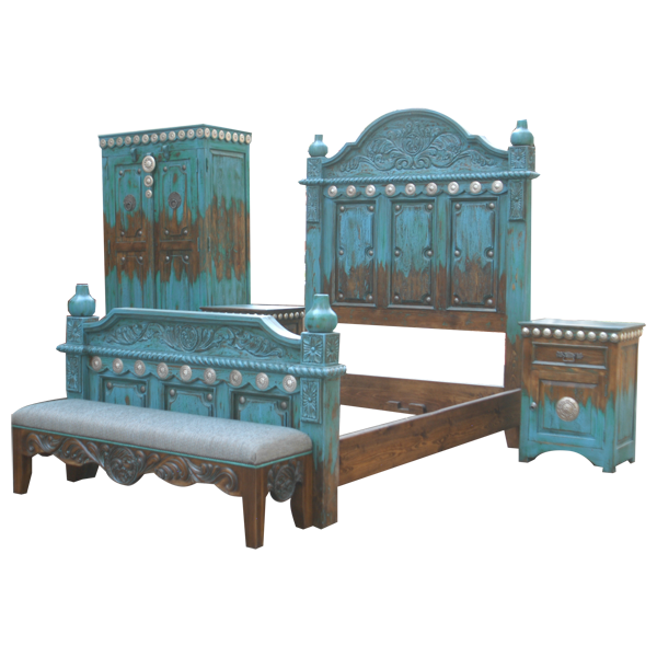 Room set featuring Spanish colonial bed with matching armoire, nightstands, and bench