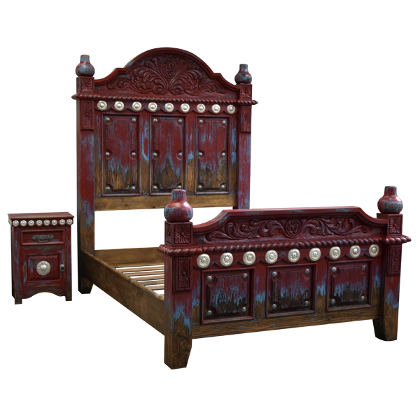 Semi-front view of Cruz de Cobre 5 bed with one matching end table and copper accents