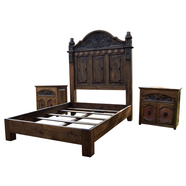 Semi-front view of Cruz de Cobre 6 bed with two matching end tables and copper accents