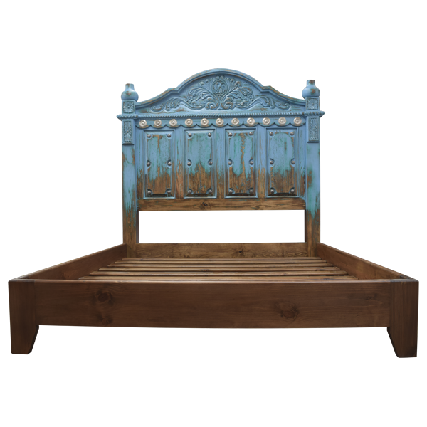 Front view of Spanish colonial bed with turquoise antique finish and silver copper conchos