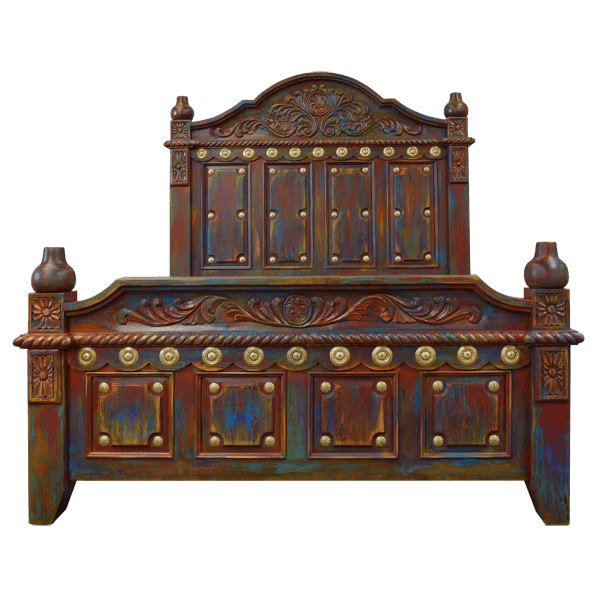 Front view of Spanish colonial bed with multicolor stain and gold-tinted copper conchos