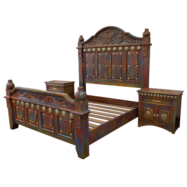 Semi-front view of Cruz de Cobre 10 bed with two matching end tables in multicolor finish