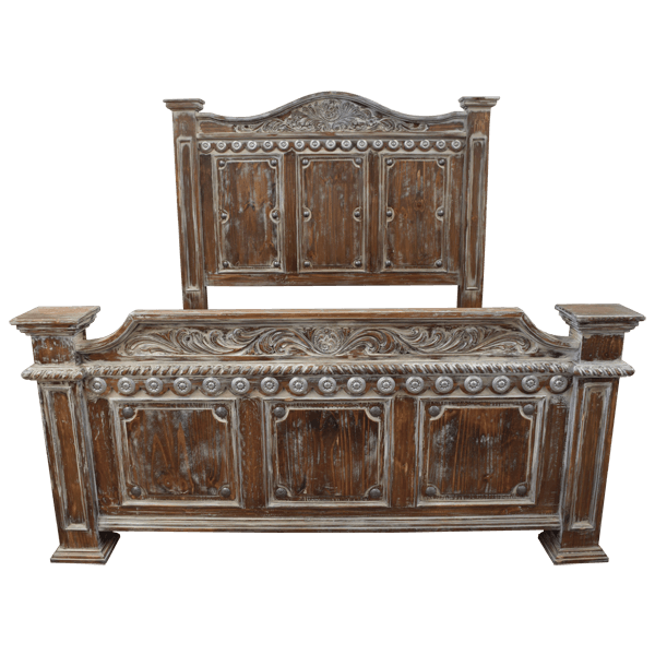 Front view of rustic Western-style bed with whitewashed brown wood, silver copper conchos, and forged iron nails