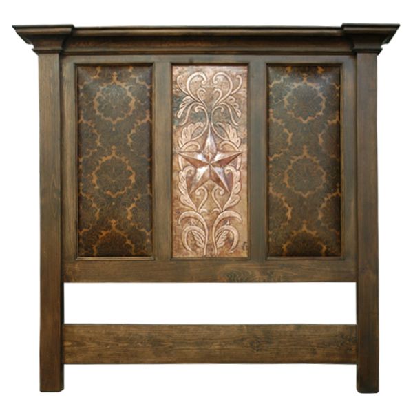 Front view of Western-style headboard with hand tooled copper Texas star and embossed leather panels