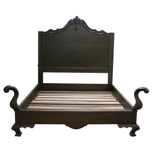 Front view of Spanish colonial bed with dark finish and central floral carving